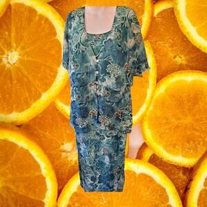 DressBarn 2 Piece Sleeveless‎ Dress with Sheer Top Teal and Brown Suit Size 16W